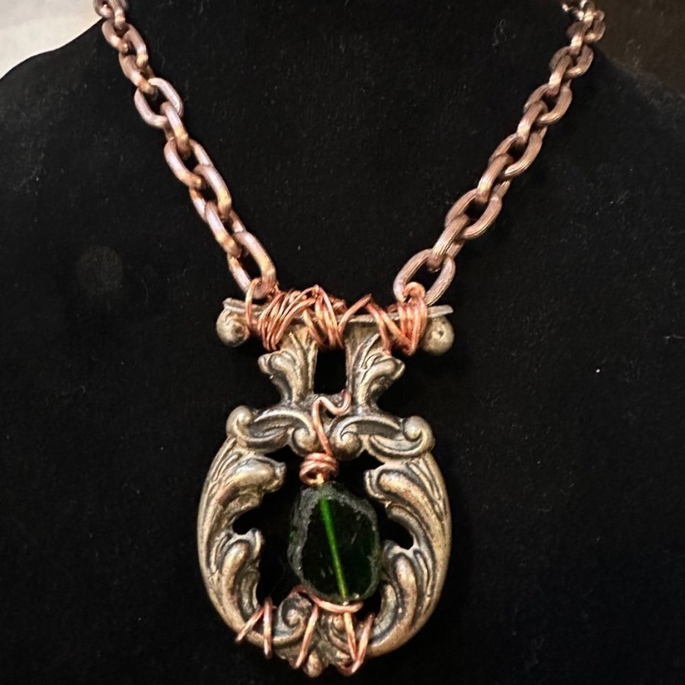 Victorian Silver Necklace Green Sea Glass Copper Pendant Choker Antique Gothic